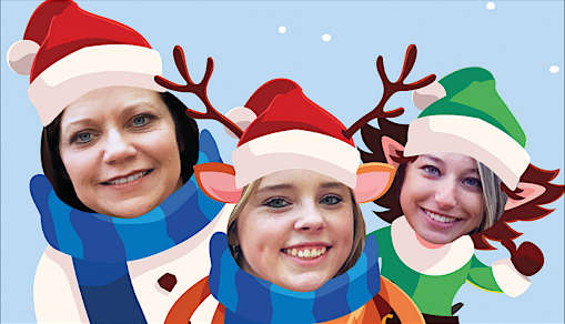 Smantha and daughters' faces in holiday clip art bodies